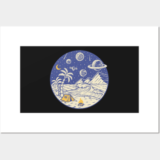 Camping under the moon and Planets - hand drawn Posters and Art